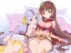  2girls artistic_error ass backless_dress backless_outfit bare_shoulders barefoot bed belt blue_eyes breasts brown_hair circlet cleavage dress earrings fire_emblem fire_emblem:_mystery_of_the_emblem fire_emblem:_thracia_776 fire_emblem_heroes hair_ornament highres jewelry large_breasts light_purple_hair linde_(fire_emblem) linde_(khadein)_(fire_emblem) long_hair looking_at_viewer looking_back lying multiple_girls official_alternate_costume on_stomach pera pillow ponytail red_eyes sara_(fire_emblem) sara_(khadein)_(fire_emblem) sideboob small_breasts smile thighs wrong_foot 