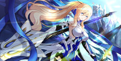  absurdres alternate_hairstyle armor armored_boots armored_dress bare_shoulders bianka_durandal_ataegina bianka_durandal_ataegina_(bright_knight:_excelsis) blonde_hair blue_eyes blue_sky boots breasts bupa_chila closed_mouth dress female gauntlets hair_ornament highres holding holding_polearm holding_weapon honkai_(series) honkai_impact_3rd huge_breasts lance long_hair looking_at_viewer polearm ponytail sky solo strapless strapless_dress sunlight very_long_hair weapon 