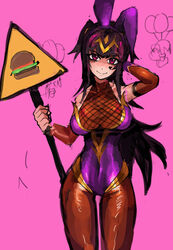  animal_ears bare_shoulders bodystocking breasts brown_pantyhose closed_mouth covered_collarbone covered_navel detached_sleeves female fire_emblem fire_emblem_awakening head_tilt highres holding holding_sign large_breasts leotard long_hair looking_at_viewer pantyhose pink_eyes playboy_bunny purple_eyes purple_leotard rabbit_ears road_sign saiykik shaded_face sign smile solo strapless strapless_leotard tharja_(fire_emblem) thighs unfinished upper_body very_long_hair 