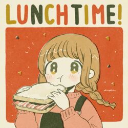  :3 :t bacon blush border braid bread chewing closed_mouth eating english_text female film_grain food from_side halftone hands_up highres holding holding_food keke_(kotowari) lettuce light_brown_hair limited_palette long_hair long_sleeves looking_at_viewer low_twin_braids low_twintails muted_color no_nose notice_lines original outside_border pink_sweater puffy_long_sleeves puffy_sleeves red_background rounded_corners sandwich signature solo suspenders sweater tareme twin_braids twintails two-tone_background upper_body white_border yellow_eyes 