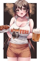  absurdres alcohol beer beer_mug blurry blurry_background breasts brown_eyes brown_hair cleavage colored_inner_hair cowboy_shot cup drink earrings female food gradient_hair hair_between_eyes heart heart_earrings highres hime_gyo holding holding_food holding_tray hooters jewelry long_hair monero monero-chan mug multicolored_hair no_legwear open_mouth plate red_hair second-party_source shirt_tucked_in shorts simple_background solo tank_top taut_clothes taut_shorts thigh_gap tray white_hair white_tank_top 