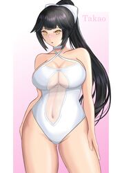  absurdres azur_lane black_hair bow breasts brown_eyes casual_one-piece_swimsuit character_name cleavage clothing_cutout commentary_request criss-cross_halter female hair_flaps hairbow halterneck highres khanld193 large_breasts long_hair looking_at_viewer navel_cutout one-piece_swimsuit ponytail solo swimsuit takao_(azur_lane) takao_(beach_rhapsody)_(azur_lane) thick_thighs thighs white_bow white_one-piece_swimsuit 