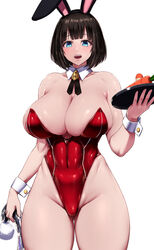  anal_tail animal_ears black_hair blue_eyes breasts butt_plug cleavage covered_navel cowboy_shot detached_collar fake_animal_ears fake_tail female highleg highleg_leotard highres holding holding_sex_toy holding_tray ishimiso_(ishimura) large_breasts leotard looking_at_viewer lotion lotion_bottle original playboy_bunny rabbit_ears rabbit_tail red_leotard sex_toy simple_background smile solo standing strapless strapless_leotard tail tray white_background wrist_cuffs 