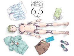  android blonde_hair blue_eyes clothes commentary_request expressionless female flat_chest full_body lying mechanical_parts navel nude on_back original short_hair solo yashima_(ds-drive) 