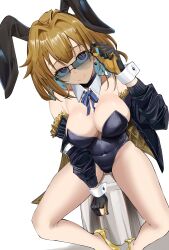  absurdres adjusting_eyewear animal_ears ass_visible_through_thighs aviator_sunglasses black_choker black_gloves blue_jacket blue_leotard blue_ribbon breasts brown_hair choker closed_mouth commission detached_collar earrings fake_animal_ears fur-trimmed_collar fur_trim girls&#039;_frontline gloves grizzly_mkv_(girls&#039;_frontline) hair_intakes hand_on_eyewear hand_up high_heels highres jacket jewelry large_breasts leotard looking_at_viewer medium_hair navel partially_fingerless_gloves playboy_bunny purple_eyes rabbit_ears ribbon sitting skeb_commission smile striped_ribbon sunglasses two-tone_gloves white_background wrist_cuffs yellow_footwear yellow_gloves 