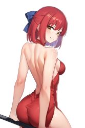  absurdres ass backless_outfit blue_bow bow breasts dress female hair_ornament hairbow highres kohaku_(tsukihime) leaning_back red_dress sideboob solo tongue tongue_out tsukihime white_background zero0ex 