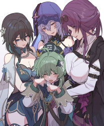  4girls absurdres black_hair black_shorts black_swan_(honkai:_star_rail) breasts china_dress chinese_clothes cleavage collared_shirt crying dress eyewear_on_head green_dress green_eyes green_hair hair_between_eyes highres honkai:_star_rail honkai_(series) huohuo_(honkai:_star_rail) kafka_(honkai:_star_rail) large_breasts long_hair looking_down multiple_girls open_mouth pantyhose pince-nez purple_eyes purple_hair purple_pantyhose purple_veil ruan_mei_(honkai:_star_rail) shirt shirt_tucked_in shorts simple_background sunglasses textless_version white_background white_shirt yumegiwa_(skgl_thx) 