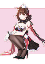  absurdres animal_on_head arm_tattoo bare_shoulders black_dress black_footwear blunt_bangs border braid breasts brown_eyes brown_hair brown_pantyhose cleavage closed_mouth dot_nose dress eyeliner feet female flower frilled_dress frills full_body gloves hair_flower hair_ornament high_heels highres honkai_(series) honkai_impact_3rd jin_li_(107194530) legs_together li_sushang li_sushang_(auspicious_dazzle) li_sushang_(jade_knight) lips long_hair looking_at_viewer makeup medium_breasts multicolored_hair nail_polish on_head outline pantyhose pink_background rabbit red_eyeliner red_flower red_hair red_pupils shoes simple_background sleeveless sleeveless_dress smile solo squatting strappy_heels tattoo twintails very_long_hair white_border white_gloves yellow_eyes 