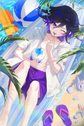  1boy absurdres ball barefoot beach beachball black_hair collarbone commentary danganronpa_(series) danganronpa_v3:_killing_harmony feet_out_of_frame flipped_hair food hair_between_eyes hammock highres hood hoodie leaf looking_at_viewer male_focus male_swimwear official_alternate_costume oma_kokichi one_eye_closed open_clothes open_hoodie open_mouth purple_eyes purple_hair sandals seashell shaved_ice shell short_hair smile solo summer swim_trunks symbol-only_commentary teeth ttegi_(ddeck_dg) unworn_sandals water water_gun white_hoodie 