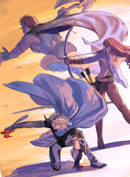  2boys absurdres aiming arm_shield armor arrow_(projectile) axe backless_outfit black_armor blue_cape bow_(weapon) breastplate brown_hair cape cuirass dashing earrings female final_fantasy final_fantasy_ii firion floating_cape from_side guy_(ff2) highres holding holding_axe holding_bow_(weapon) holding_sword holding_weapon jewelry long_hair low_ponytail maria_(ff2) multiple_boys muscular muscular_male on_one_knee open_mouth purple_hair quiver short_hair sphere_earrings spiked_pauldrons standing sword tokumei_wombat tongue tongue_out weapon white_hair 