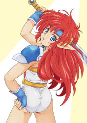  1990s_(style) armor bandana blue_bandana blue_eyes blue_gloves commentary_request cowboy_shot female fingerless_gloves floating_hair gloves hand_on_own_hip highres holding holding_sword holding_weapon leotard long_hair looking_back mail_(popful_mail) open_mouth pointy_ears popful_mail red_hair retro_artstyle shoulder_armor side_part sleeveless_leotard solo soumanantoka sword weapon white_leotard 