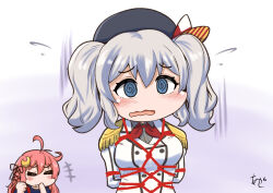  2girls @_@ akashieru arms_behind_back beret black_hat blue_eyes bondage crescent crescent_hair_ornament epaulettes giggling grey_hair hair_ornament hair_ribbon hat jacket kantai_collection kashima_(kancolle) military_jacket military_uniform multiple_girls neckerchief one-hour_drawing_challenge pink_hair red_neckerchief ribbon shibari_over_clothes solo_focus twintails uniform upper_body uzuki_(kancolle) wavy_hair 