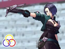  belt black_choker black_gloves blue_hair choker cowboy_shot crossbow female fire_emblem fire_emblem:_three_houses gloves hakuramen holding holding_crossbow holding_weapon jacket open_clothes open_jacket shamir_nevrand short_hair short_sleeves solo standing weapon 