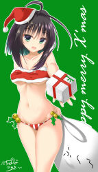  :d absurdres ahoge alternate_costume arm_behind_back artist_name bag bare_shoulders bell black_hair blush box bra breasts christmas collarbone commentary cowboy_shot cowlick curvy eyes_visible_through_hair female fur-trimmed_bra fur_trim gift gift_bag gift_box green_background green_eyes groin hair_between_eyes hat highres hitachi_mako holding holding_bag holding_gift jingle_bell large_breasts looking_at_viewer merry_christmas midriff mistletoe navel open_mouth panties red_bra santa_bra santa_costume santa_hat senren_banka short_hair_with_long_locks simple_background skindentation smile solo stomach straight_hair striped_clothes striped_panties tachibana_akane_(akane780u) thighs tsurime underboob underwear 