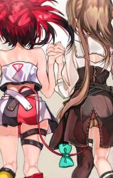  2girls absurdres asymmetrical_legwear back_cutout brown_corset brown_hair clothing_cutout corset crop_top fingernails from_behind gummy_candy_93 hakos_baelz hakos_baelz_(1st_costume) highres holding_hands hololive hololive_english kneehighs long_hair miniskirt mismatched_legwear mouse_girl mouse_tail multicolored_clothes multicolored_hair multicolored_skirt multiple_girls nanashi_mumei nanashi_mumei_(1st_costume) pleated_skirt ponytail red_hair red_skirt shirt single_kneehigh single_sock single_thighhigh skirt socks streaked_hair tail thigh_strap thighhighs twintails very_long_hair virtual_youtuber white_shirt 