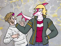  annoyed anthro beard blonde_hair breasts cavemanon_studios cigarette cigarette_in_mouth clothing dinosaur duo eye_contact eyewear facial_hair female hadrosaurid hair holding_mouth_shut human i_wani_hug_that_gator looking_at_another male male/female mammal mia_moretti multicolored_body multicolored_scales object_in_mouth ornithischian ornithopod parasaurolophus pink_body pink_scales prehistoric_species reptile scales scalie spiked_tail spikes spikes_(anatomy) tail tan_hair theviktor two_tone_body two_tone_scales two_tone_tail white_body white_scales 