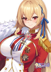  artist_name azur_lane blonde_hair blue_ribbon braid breasts buttons double-breasted english_commentary epaulettes felielle female hair_between_eyes hair_ribbon highres jacket king_george_v_(azur_lane) large_breasts long_hair long_sleeves looking_at_viewer medal red_eyes red_jacket ribbon ribbon_braid side_braid simple_background single_braid smile solo upper_body white_background 