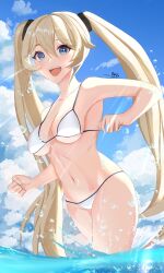  absurdres bikini blonde_hair blue_eyes blue_sky breasts calabiyau cloud cowboy_shot day female highres ichirou_hasegawa long_hair lowleg lowleg_bikini medium_breasts michele_(calabiyau) navel outdoors sky smile solo swimsuit twintails wading water white_bikini 