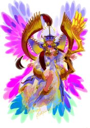  absurdres angel angewomon angewomon_x-antibody armor blonde_hair blue_wings boots bow_(weapon) breasts cleavage covered_eyes cross digimon digimon_(creature) female gold gold_bra gold_trim hat hat_over_eyes highres inverted_cross jacket knee_boots large_breasts long_skirt long_sleeves mitre multiple_wings open_clothes open_jacket parted_lips pauldrons pink_wings plume pompsyko purple_wings see-through see-through_skirt see-through_sleeves seraph short_hair shoulder_armor skirt solo weapon white_footwear white_hat white_jacket winged_footwear wings 