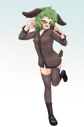  \m/ absurdres animal_ears big_mouse black_footwear boots breasts brown_dress brown_thighhighs commentary_request dog_ears dog_girl dog_tail dress female frilled_sleeves frills full_body gradient_background green_eyes green_hair grey_background highres holding holding_microphone kasodani_kyouko long_sleeves looking_at_viewer microphone one_eye_closed open_mouth seikan_hikou short_bangs short_dress short_hair small_breasts smile solo standing standing_on_one_leg tail teeth thighhighs tongue tongue_out touhou upper_teeth_only 