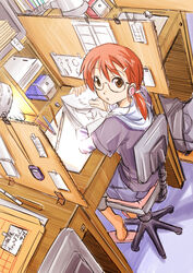  animation_paper_(object) animator ayakaze_ryuushou brown_eyes chair commentary_request desk drawing earphones female glasses highres hood hood_down hoodie original paper peg_bar pencil_sharpener photoshop_(medium) red_hair reference_sheet sitting solo 