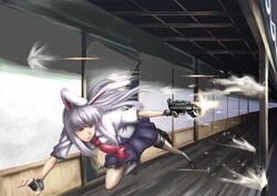  animal_ears bad_id bad_pixiv_id dress_shirt female fingerless_gloves firing gloves glowing glowing_eye gun h&amp;k_mp5k heckler_&amp;_koch holding holding_gun holding_weapon long_hair muzzle_flash necktie photoshop_(medium) pleated_skirt purple_hair rabbit_ears red_eyes red_necktie reisen_udongein_inaba scottie_(phantom2) shirt shouji skirt sliding_doors solo submachine_gun touhou under_fire weapon 