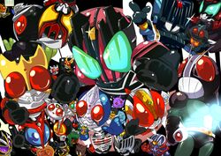  6+boys bad_id bad_pixiv_id bodysuit denji_(mugitomato) everyone glowing helmet kamen_rider kamen_rider_555 kamen_rider_agito kamen_rider_agito_(series) kamen_rider_amazon kamen_rider_amazon_(series) kamen_rider_black_rx kamen_rider_black_rx_(series) kamen_rider_blade kamen_rider_blade_(series) kamen_rider_chalice kamen_rider_dark_kiva kamen_rider_dcd kamen_rider_decade kamen_rider_den-o kamen_rider_den-o_(series) kamen_rider_diend kamen_rider_double kamen_rider_faiz kamen_rider_g3 kamen_rider_garren kamen_rider_hibiki kamen_rider_hibiki_(series) kamen_rider_kabuto kamen_rider_kabuto_(series) kamen_rider_kaixa kamen_rider_kick_hopper kamen_rider_kiva kamen_rider_kiva_(series) kamen_rider_knight kamen_rider_kuuga kamen_rider_kuuga_(series) kamen_rider_leangle kamen_rider_punch_hopper kamen_rider_ryuki kamen_rider_ryuki_(series) kamen_rider_thebee kamen_rider_w kintaros kivala machinery multiple_boys ryutaros sieg urataros weapon 