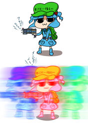  221_(tsutsuichi) :3 backpack bag belt blue_dress blue_hair boots commentary_request dress female gun hair_bobbles hair_ornament hat highres holding holding_gun holding_weapon kamen_rider_diend kawashiro_nitori key looking_at_viewer parody photoshop_(medium) pocket rainbow_gradient shadow simple_background standing touhou two_side_up weapon white_background 