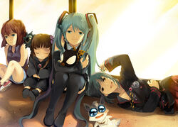  4girls akazukin_chacha bad_id bad_pixiv_id crossover d.gray-man detached_sleeves green_eyes green_hair haibara_ai hatsune_miku hibiki_ryouga kukuri_(mahoujin_guruguru) lenalee_lee long_hair mahoujin_guruguru meitantei_conan multiple_girls necktie p-chan photoshop_(medium) piglet ranma_1/2 riiya_(akazukin_chacha) runia skirt smile thighhighs twintails uniform very_long_hair vocaloid 