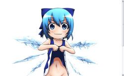  blue_hair cirno clothes_lift commentary_request dress dress_lift fake_scrollbar female kusaba_(kusabashiki) lifting_own_clothes no_nose no_panties out-of-frame_censoring photoshop_(medium) solo touhou 