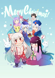  0_0 6+girls :&gt; :3 :d :x ^_^ angel_wings animal_ears black_hair boots box braid c: cake chinese_commentary christmas closed_eyes commentary_request crossover crying crying_with_eyes_open eighth_note fluttershy_(mlp) food fork fujiwara_no_mokou gift gift_box gradient_hair grey_hair hair_ribbon halo hat highres holding houraisan_kaguya inaba_tewi kamishirasawa_keine long_hair looking_at_viewer merry_christmas mesousa miffy multicolored_hair multiple_crossover multiple_girls musical_note my_little_pony my_little_pony:_friendship_is_magic my_melody onegai_my_melody open_mouth pani_poni_dash! photoshop_(medium) pink_hair pony_(animal) ponytail purple_hair rabbit rabbit_ears red_eyes ribbon sanrio short_hair single_braid sitting smile snowing spoken_musical_note streaming_tears suspenders sweatdrop tears touhou two-tone_hair very_long_hair wavy_mouth wings xin_yu_hua_yin |_| 