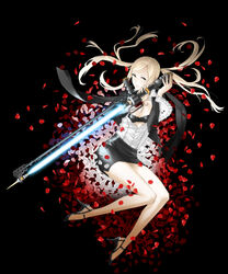  bra breasts commentary_request energy_sword female formal high_heels highres kozaki_yuusuke lingerie long_hair medium_breasts no_more_heroes open_clothes open_shirt petals photoshop_(medium) shirt shoes solo sword sylvia_christel twintails underwear weapon 