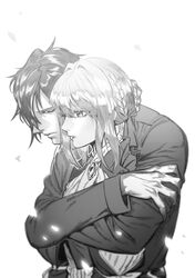  1boy absurdres braid commentary_request dress female gilbert_bougainvillea greyscale hair_between_eyes hair_intakes hair_ribbon highres hug hug_from_behind jacket jewelry long_sleeves military military_uniform monochrome photoshop_(medium) ribbon shipl short_hair uniform violet_evergarden violet_evergarden_(series) 