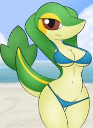  2018 anthro beach bikini breasts brown_eyes clothing detailed_background digital_media_(artwork) female generation_5_pokemon green_body green_skin hi_res looking_at_viewer nintendo non-mammal_breasts outside pokemon pokemon_(species) pokemorph pose reptile scalie seaside smile snivy solo standing swimwear zinzoa 