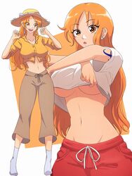  absurdres blush breasts brown_eyes brown_pants clothes_lift crop_top drawstring earrings female hat highres jewelry lifting_own_clothes long_hair midriff multiple_views nami_(one_piece) one_piece opalis open_mouth orange_hair pants shirt_lift shoulder_tattoo simple_background socks tattoo underboob white_background white_socks 