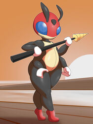  2022 3:4 4_arms 4_hands adeviantcritter ambiguous_gender antennae_(anatomy) anthro anthrofied arthropod black_body black_skin blue_eyes featureless_feet feet female_(lore) future_being_ledian generation_2_pokemon hi_res holding_object holding_weapon insects ledian looking_at_viewer melee_weapon multi_arm multi_hand multi_limb nintendo pokemon pokemon_(species) pokemorph polearm red_body red_skin slightly_chubby solo spear thick_thighs weapon yellow_body yellow_skin 