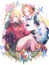  2girls alternate_costume apron blonde_hair blue_butterfly blue_eyes breasts bug butterfly cheek_rest coat_of_arms crossed_legs cup darjeeling_(girls_und_panzer) enmaided flower girls_und_panzer heraldry highres maid maid_apron maid_headdress medium_breasts multiple_girls orange_hair orange_pekoe_(girls_und_panzer) pulp_piroshi rose smile st._gloriana&#039;s_military_uniform teacup thighs unicorn 