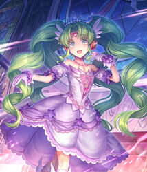  :d absurdres bad_id bad_pixiv_id bare_shoulders blush dress falulu falulu_(awakened) female forehead_jewel glint gloves green_eyes hand_up headphones highres holding holding_microphone jewelry long_hair looking_at_viewer microphone necklace open_mouth parted_bangs pink_dress pink_gloves pretty_series pripara quad_tails shichigatsu smile solo standing tiara very_long_hair winged_footwear 