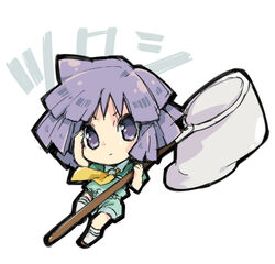  1boy brown_footwear bugsy_(pokemon) butterfly_net chibi closed_mouth collared_shirt commentary_request full_body green_shirt green_shorts hand_net holding holding_butterfly_net kneehighs male_focus nakamura_sandayo neckerchief pokemon pokemon_hgss purple_eyes purple_hair shirt shoes short_sleeves shorts socks solo white_background white_socks yellow_neckerchief 