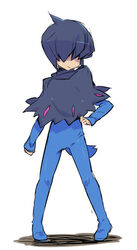  1other black_capelet black_hair blue_jumpsuit capelet closed_mouth commentary_request cowlick deino_(pokemon) frown hair_over_eyes jumpsuit legs_apart long_bangs long_sleeves nakamura_sandayo personification pigeon-toed pokemon short_hair solo standing 