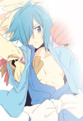  1boy bird blue_eyes blue_hair blue_jacket blue_kimono commentary_request falkner_(pokemon) from_above hair_over_one_eye jacket japanese_clothes kimono lying male_focus nakamura_sandayo on_back open_clothes open_jacket pidgeotto pidgey pokemon pokemon_(creature) pokemon_gsc sash short_hair short_sleeves 