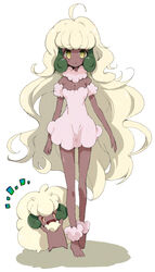  ahoge barefoot blonde_hair blush breasts cleavage collar commentary_request creature_and_personification dark-skinned_female dark_skin dress female full_body fur_collar long_hair looking_at_viewer nakamura_sandayo parted_lips personification pink_collar pink_dress pokemon pokemon_(creature) standing toes whimsicott yellow_eyes 