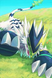  :d blue_sky claws closed_eyes commentary_request day digimon digimon_(creature) eighth_note grass happy kira_(kira_dra) laughing lightning_bolt_symbol lying musical_note no_humans on_stomach open_mouth outdoors runnermon sharp_teeth sky smile solo tail teeth white_fur 