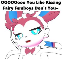  3d_(artwork) anthro bonepie boy_kisser_(meme) dialogue digital_media_(artwork) eeveelution english_text femboy generation_6_pokemon humor looking_at_viewer male meme nintendo open_mouth open_smile pokemon pokemon_(species) ribbons simple_background smile solo sylveon teasing teasing_viewer text 