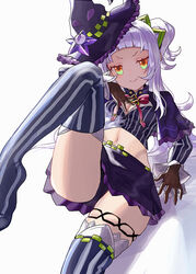  arm_support bangs black_capelet black_footwear black_gloves black_skirt blunt_bangs blush breasts capelet crop_top female gloves hair_bun hair_ornament hat hololive knee_up long_hair long_sleeves looking_at_viewer lowleg lowleg_skirt marchab_66 midriff murasaki_shion navel one_side_up shoes silver_hair skirt smile solo star_(symbol) striped striped_legwear thighhighs tilted_headwear vertical-striped_legwear vertical_stripes virtual_youtuber witch_hat yellow_eyes 