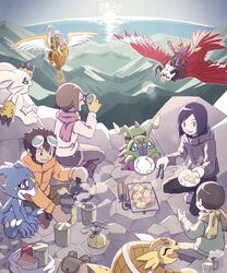  anthro aquilamon armadillomon bandai_namco clothing cody_hida cooking_tongs davis_motomiya digimon digimon_(species) digimon_adventure_02 eating female flying gatomon gdn0522 grill group hi_res hikari_kamiya human inoue_miyako jacket ken_ichijouji kitchen_utensils male mammal mountain pegasusmon picnic plate takeru_takaishi tongs tools topwear veemon wormmon 