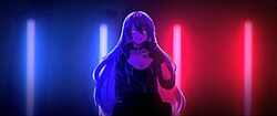  alternate_costume bad_id bad_pixiv_id black_choker black_gloves choker female furai_sen gloves glowing glowing_eyes highres hololive hololive_indonesia k/da_(league_of_legends) moona_hoshinova purple_hair third-party_source virtual_youtuber yandere yellow_eyes 