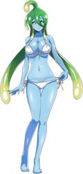  ahoge artist_request barefoot bikini blue_skin blush breasts colored_skin female full_body game_cg green_eyes green_hair hair_between_eyes large_breasts long_hair long_hair_between_eyes monster_girl monster_musume_no_iru_nichijou monster_musume_no_iru_nichijou_online navel official_alternate_costume official_art panties panty_pull polka_dot polka_dot_bikini semi-transparent side-tie_bikini_bottom slime_girl smile solo suu_(monster_musume) swimsuit tentacle_hair transparent_background underwear very_long_hair 