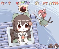  3girls air_bubble animal_ears bad_id bad_pixiv_id black_hair black_wings blush boned_meat bow braid bubble camera cat_ears cat_tail chibi coin drooling fishing_rod food gameplay_mechanics green_bow hairbow hat heads-up_display health_bar holding_breath kaenbyou_rin long_hair long_sleeves mario_(series) meat multiple_girls multiple_tails parody puffy_short_sleeves puffy_sleeves red_eyes red_hair reiuji_utsuho shameimaru_aya short_sleeves south114 sparkle star_(symbol) super_mario_64 swimming tail through_window tokin_hat touhou twin_braids underwater wide_sleeves wings 