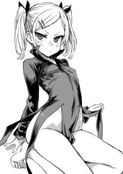  asanagi barefoot blush breasts commentary_request cosplay dress female greyscale hair_ornament hairclip highres kneehighs looking_at_viewer mole mole_under_eye monochrome no_panties one-punch_man shirobako simple_background small_breasts socks solo tatsumaki tatsumaki_(cosplay) tiptoes twintails white_background yano_erika 